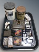 A group of vintage tins, enameled sign, etc, including Ogden's National Dried Milk, etc.