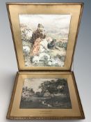 Early 20th century school : A hunter smoking a pipe with dogs and dead game, watercolour,
