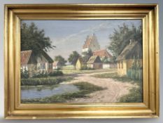 E Bulmen : Buildings by a lake, oil on canvas, 64 cm x 43 cm.