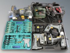 A Nutool bench top disc grinder, a Bosch jigsaw, a further jigsaw, boxed PowerG cordless drill,