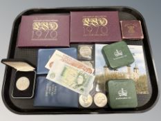 A group of coins and bank notes to include 1970 Coinage of Great Britain sets,