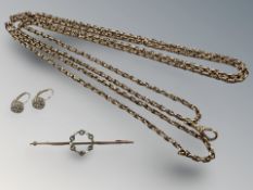 A pair of 9ct gold earrings, a 9ct gold aquamarine and seed pearl bar brooch,