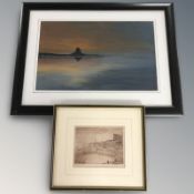 G Reilley : Shoreline at sunset, watercolour, 28 cm x 44 cm together with an engraving after J.C.