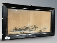 A continental watercolour depicting camels in a desert, 50 cm x 25 cm.