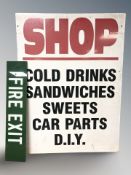 A fibreglass shop sign, and a further fire exit sign, largest 1 m x 75 cm.