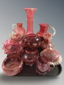 A group of Victorian cranberry glass.