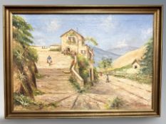 G Gaspaki : Figures by a building , 96 cm x 66 cm.