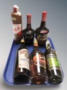 Six various bottles of alcohol including Tia Maria, Four Bells navy rum, Bols, etc.