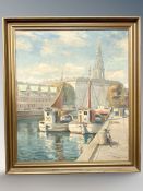 T Nygaard : Boats on a canal by Christiansborg Palace, oil on canvas, 63 cm x 74 cm.