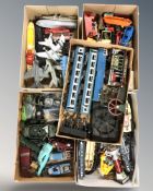 A group of die cast and tin plate locomotives, aircraft, cars, etc.