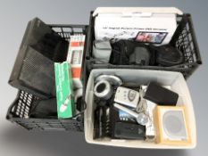 Assorted electricals including Xbox console, digital photo frame, audio-video mixer, microphone,