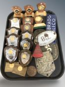 A group of steam rally trophy plaques, various cast metal signs, etc.