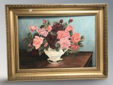 20th century school : still life with roses in a vase, oil on canvas laid to board,