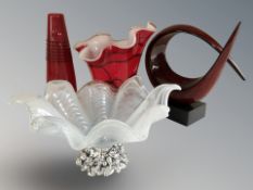 An Italian Murano glass centrepiece, bowl, width 39 cm, and three further pieces of art glass.