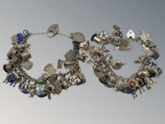 Two silver charm bracelets with enamel and novelty charms.