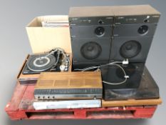 A pair of Wharfedale Mach 3 speakers, two Garrod turn tables, Bang & Olufsen Beomaster 1000,