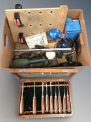A woodworking plane, group of carving chisels, Bosch sander, desk light, etc.