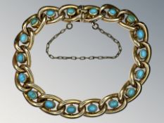 A late 19th century 15ct yellow gold bracelet set with turquoise, length 20 cm.