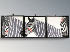 A triptych oil on canvas depicting zebras, each 40 cm x 40 cm.