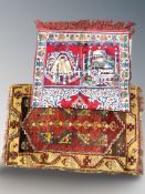 An Afghan / Caucasian rug, 86 cm x 53 cm, together with a prayer rug.