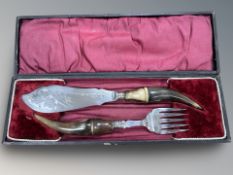 An antique two part fish serving set with horn handles mounted in silver, Francis Chollerton,