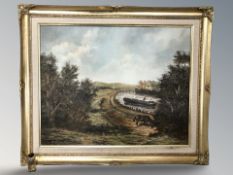 A R Taylor : A rural track with work horse and farmers, oil on canvas, 40 cm x 49 cm,