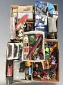 A group of die cast scale model locomotives, boats, aircraft, action figures, etc.