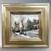 Danish School : Figures in a snow covered street, oil on board, 17 cm x 13 cm.