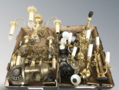 Assorted continental brass chandeliers, wall light fixtures, oil lamps, other metal wares.