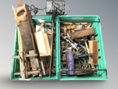 A quantity of vintage woodworking tools, carpentry chisels, modern tools, etc.
