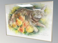 After Anders Rasgaard : Cat with tulips, colour print, 49 cm x 69 cm.