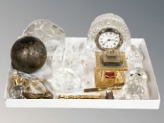A group of crystal ornaments, a Waterford clock, tie pins, paperweights, etc.