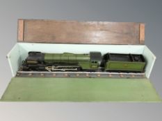 A vintage hand made wooden model of a steam locomotive Tynesider, in a stained pine box.
