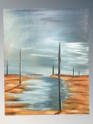 D J Wilson : Surrealist landscape with pillars, oil on canvas,