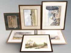 A group of pictures and prints, a Bob Erends watercolour landscape entitled 'Towards Rye',