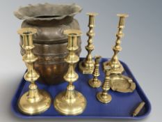 Three pairs of Victorian brass candlesticks, two copper planters,