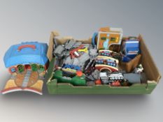 A Thomas The Tank Engine train set with buildings, track,