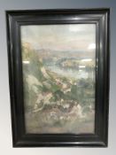 20th century school : mountainous landscape with village below, oil on canvas, indistinctly signed,