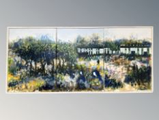 Continental School : A triptych oil on canvas depicting a garden, overall 40 cm x 90 cm,