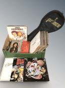 Assorted vinyl LPs, compilations, classical, etc, tennis racket in carry bag.