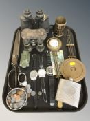 A group of gent's wristwatches, coins, pair of Plus 8x40 binoculars, antique pair of binoculars,