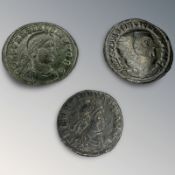 Ancient Roman bronze coins to include Constantine II (AD 337-340) centenionalis,