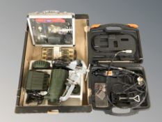 A group of tools including a Challenge dremel in box, a further Duratool dremel, small vice, etc.