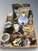 Assorted ceramics, lamp base, glass chess set, figures, decanters, etc.