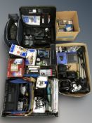 Two Panasonic video cameras in cases, cameras including Canon, Minolta,