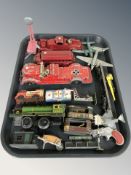 A quantity of tin plate die cast model cars, locomotives, air craft, toy Derringer pistol, etc.