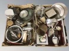 Assorted metal wares, cutlery, dishes, kitchenwares, etc.