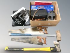 A quantity of hand tools, tile cutter, Challenge sander, Black & Decker circular saw, etc.