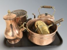 Antique copper and brass wares including goblet and teapots, planter, twin handled pot,