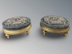 A pair of 19th century gilt wood beadwork circular footstools, diameter 32 cm.